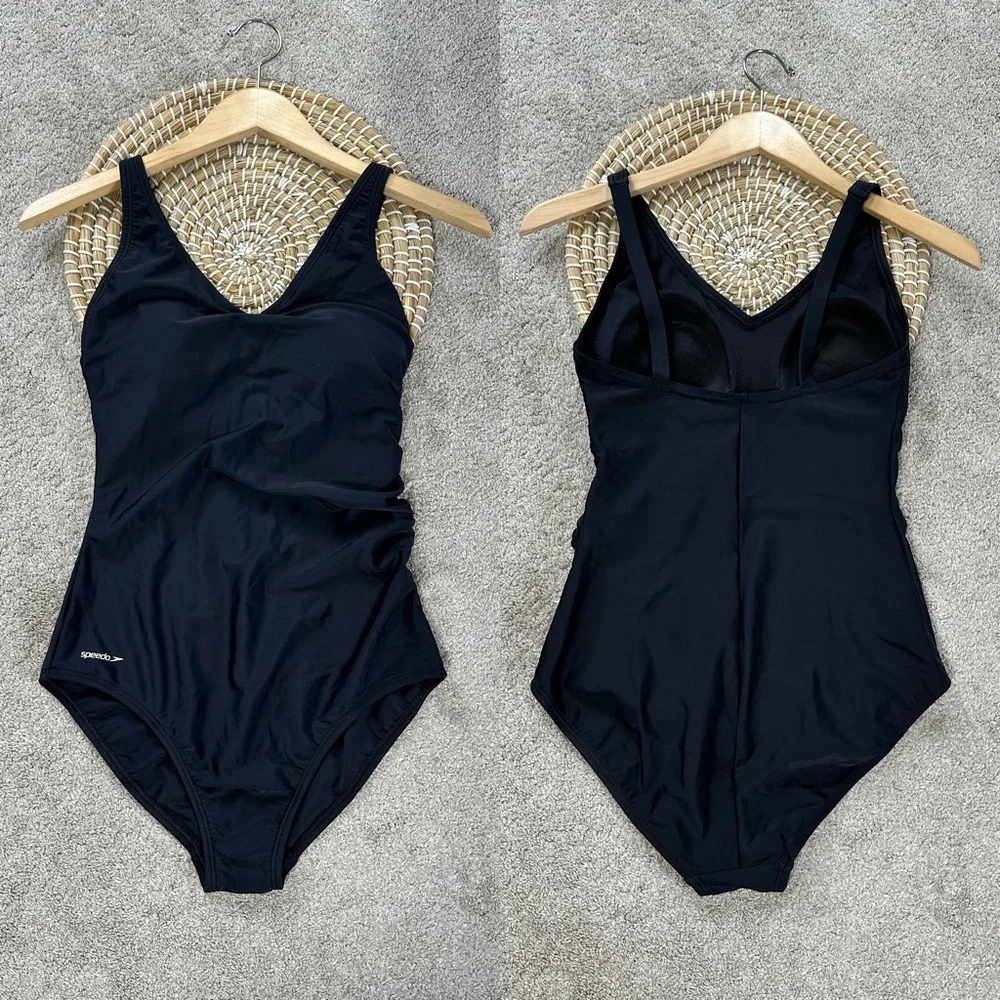Speedo Women’s One-Piece V-Neck Swimsuit Wide Shoulder Straps in Black 10